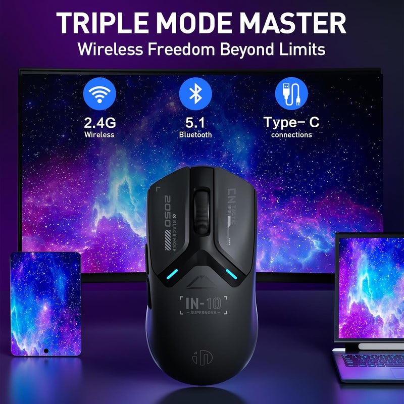 inphic IN10P Superlight Wireless Gaming Mouse, 60g, 8K Polling Rate, 26,000 DPI, Tri-Mode, PAW3395 Sensor, Fully Programmable - Image 2